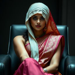An intriguing image of a hot Indian woman wearing a beautiful, intricately designed sari with vibrant colors
