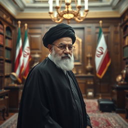 A powerful portrait of Ayatollah Khamenei, standing confidently in a grand, ornate office filled with bookshelves and traditional Iranian decor