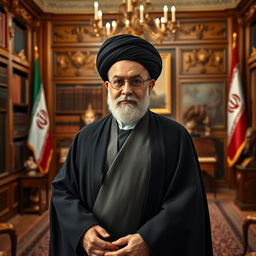 A powerful portrait of Ayatollah Khamenei, standing confidently in a grand, ornate office filled with bookshelves and traditional Iranian decor