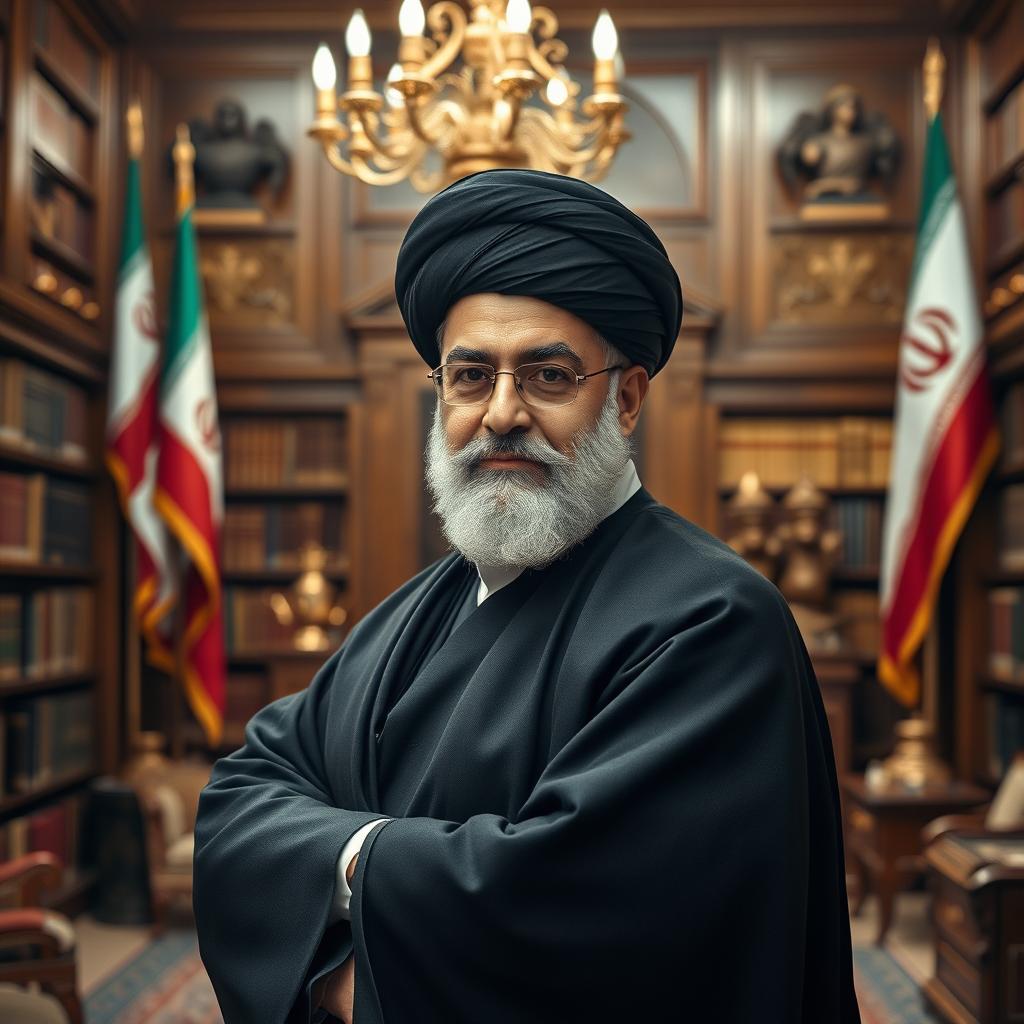 A powerful portrait of Ayatollah Khamenei, standing confidently in a grand, ornate office filled with bookshelves and traditional Iranian decor