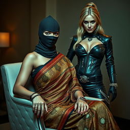 An enticing scene featuring a hot Indian woman dressed in a beautifully patterned saree, elegantly seated in a stylish chair