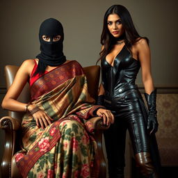 An enticing scene featuring a hot Indian woman dressed in a beautifully patterned saree, elegantly seated in a stylish chair