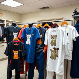 A stylish display of veterinary-themed men's clothing, featuring a variety of items such as scrubs, t-shirts, and jackets, all showcasing cute animal graphics like cats and dogs
