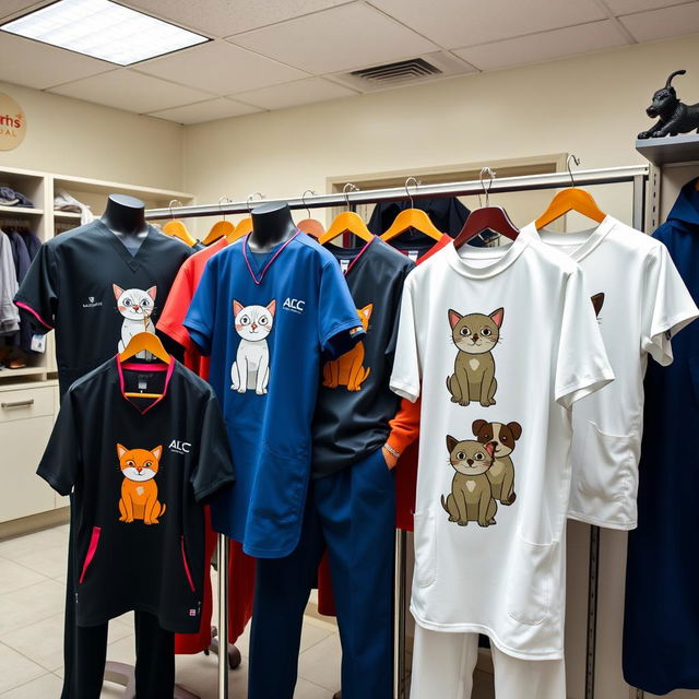 A stylish display of veterinary-themed men's clothing, featuring a variety of items such as scrubs, t-shirts, and jackets, all showcasing cute animal graphics like cats and dogs