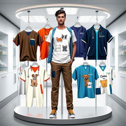 A stylish display of veterinary-themed men's clothing, featuring a variety of items such as scrubs, t-shirts, and jackets, all showcasing cute animal graphics like cats and dogs