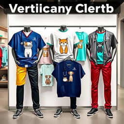 A stylish display of veterinary-themed men's clothing, featuring a variety of items such as scrubs, t-shirts, and jackets, all showcasing cute animal graphics like cats and dogs