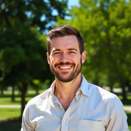 A realistic portrait of a man in his 30s with short, dark hair and a well-groomed beard