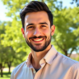 A realistic portrait of a man in his 30s with short, dark hair and a well-groomed beard