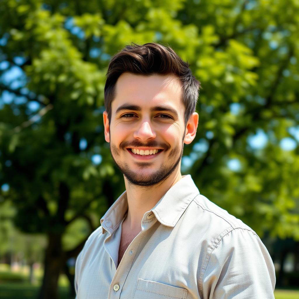 A realistic portrait of a man in his 30s with short, dark hair and a well-groomed beard