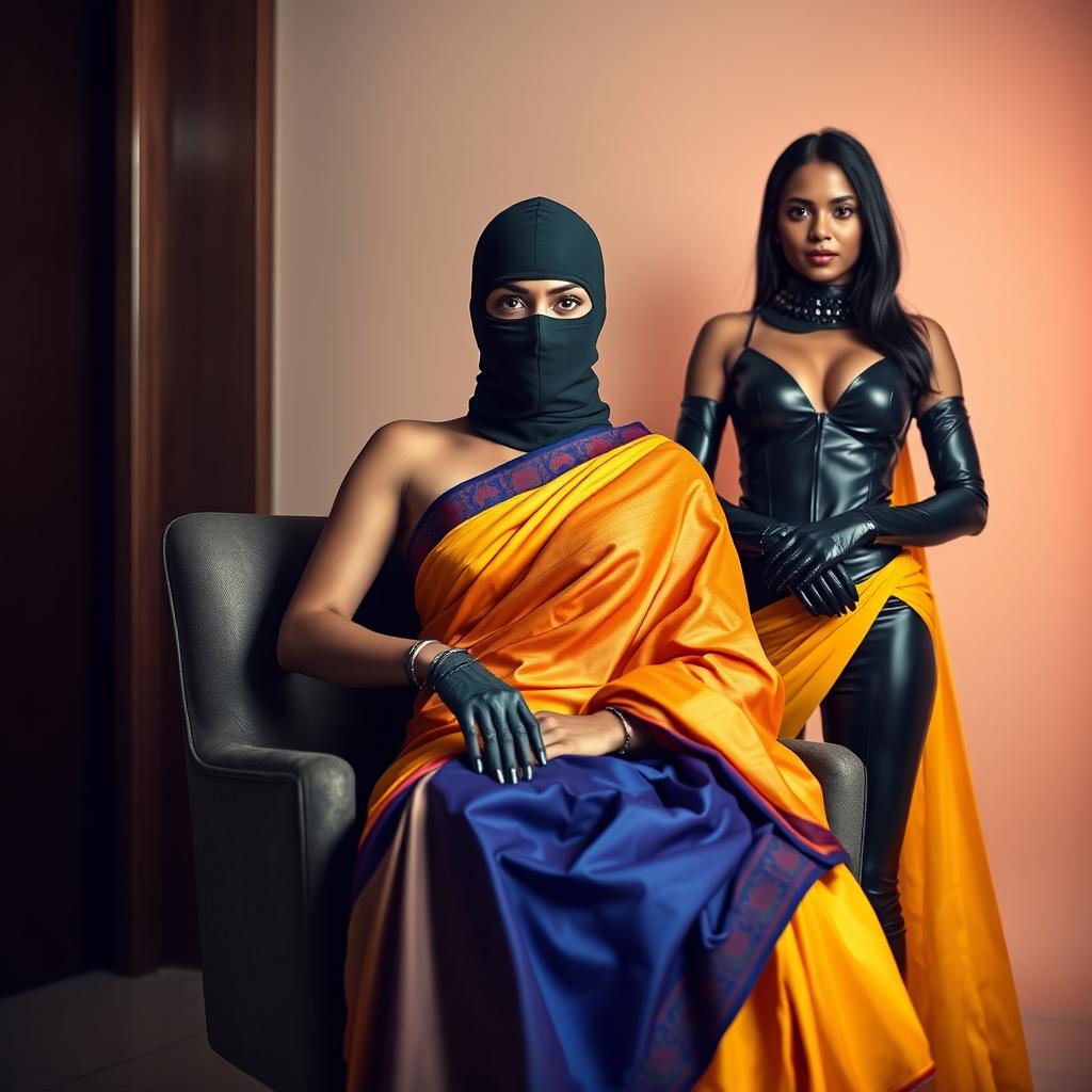 An alluring scene featuring a hot Indian woman clad in a vibrant, elegantly draped saree, confidently seated in a stylish chair