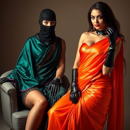 An alluring scene featuring a hot Indian woman clad in a vibrant, elegantly draped saree, confidently seated in a stylish chair