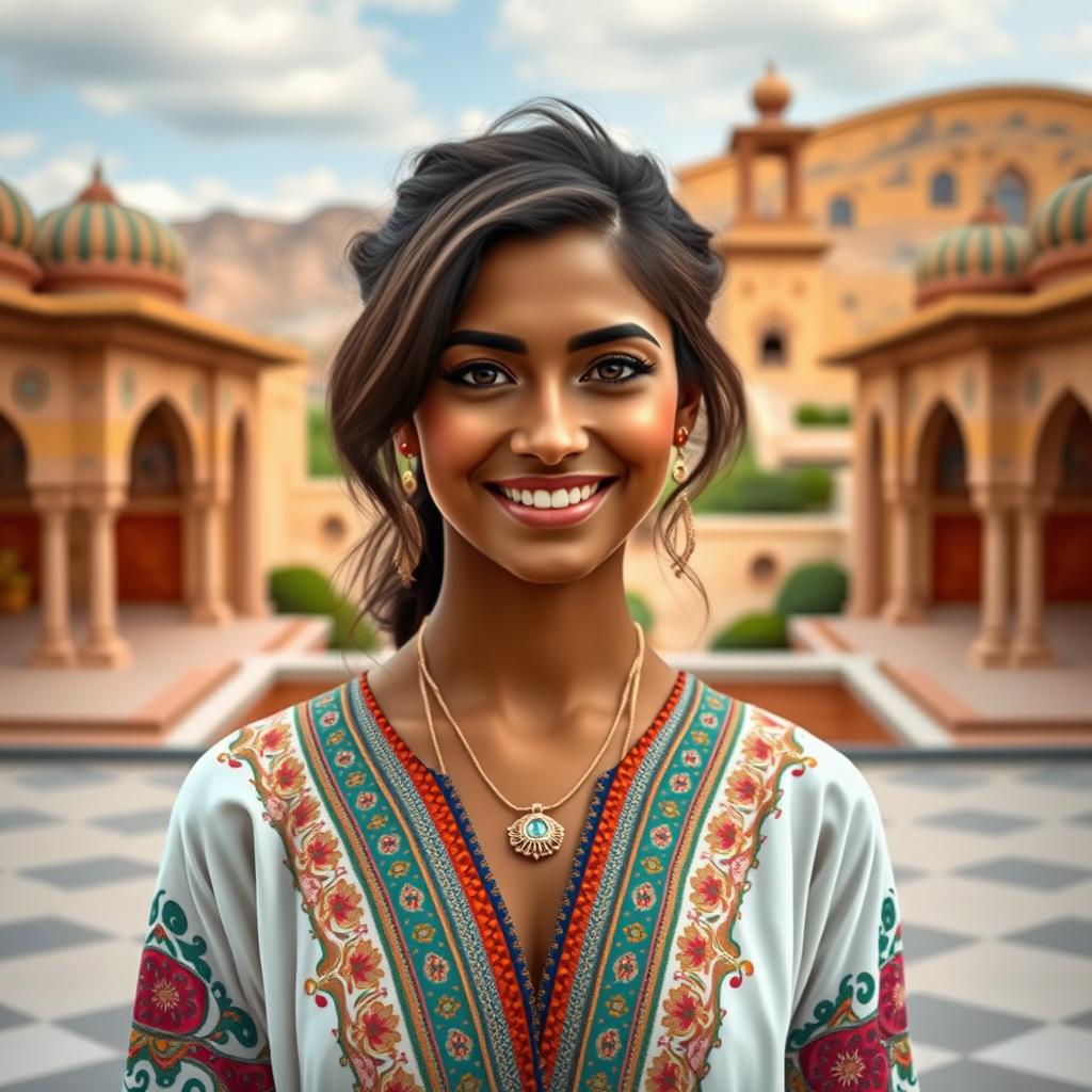 A short Iranian woman, around 150 cm tall, with dark skin and well-defined features, captured from the front