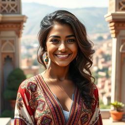 A short Iranian woman, around 150 cm tall, with dark skin and well-defined features, captured from the front