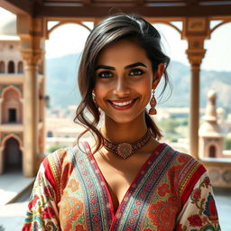 A short Iranian woman, around 150 cm tall, with dark skin and well-defined features, captured from the front