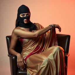 A dynamic and captivating scene featuring a hot Indian woman dressed in an elegantly draped saree, confidently seated in a stylish chair while wearing a sleek balaclava for an air of mystery