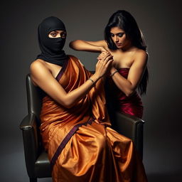 A dynamic and captivating scene featuring a hot Indian woman dressed in an elegantly draped saree, confidently seated in a stylish chair while wearing a sleek balaclava for an air of mystery