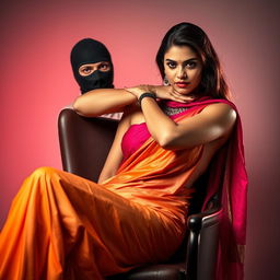 A dynamic and captivating scene featuring a hot Indian woman dressed in an elegantly draped saree, confidently seated in a stylish chair while wearing a sleek balaclava for an air of mystery