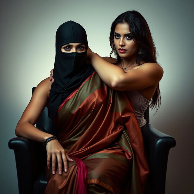 A dynamic and captivating scene featuring a hot Indian woman dressed in an elegantly draped saree, confidently seated in a stylish chair while wearing a sleek balaclava for an air of mystery