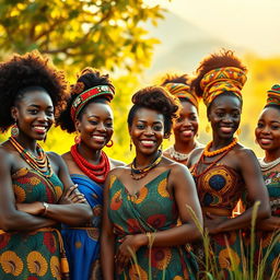 A beautifully artistic portrayal of a group of African women celebrating their culture, showcasing their vibrant traditional attire