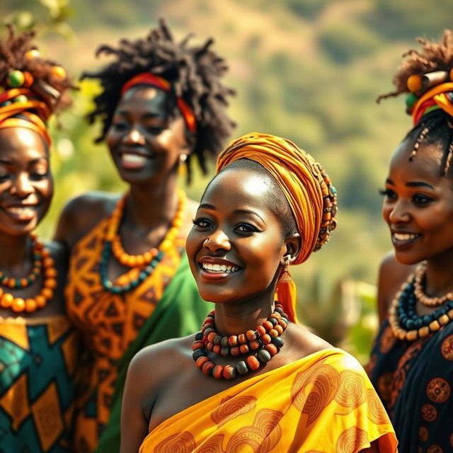 A beautifully artistic portrayal of a group of African women celebrating their culture, showcasing their vibrant traditional attire
