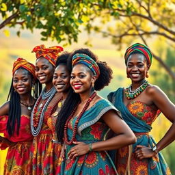 A beautifully artistic portrayal of a group of African women celebrating their culture, showcasing their vibrant traditional attire