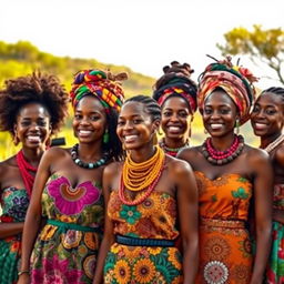 A beautifully artistic portrayal of a group of African women celebrating their culture, showcasing their vibrant traditional attire