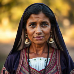 A short Iranian woman approximately 150 cm tall, with dark skin and large breasts, portrayed from the front