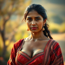 A short Iranian woman approximately 150 cm tall, with dark skin and large breasts, portrayed from the front