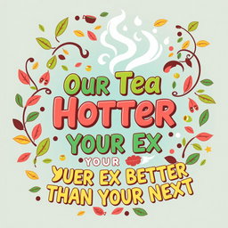 A dynamic and eye-catching graphic design featuring the pun phrase "Our Tea Hotter, Your Ex Better Than Your Next" displayed in bold, vibrant typography