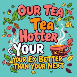 A dynamic and eye-catching graphic design featuring the pun phrase "Our Tea Hotter, Your Ex Better Than Your Next" displayed in bold, vibrant typography