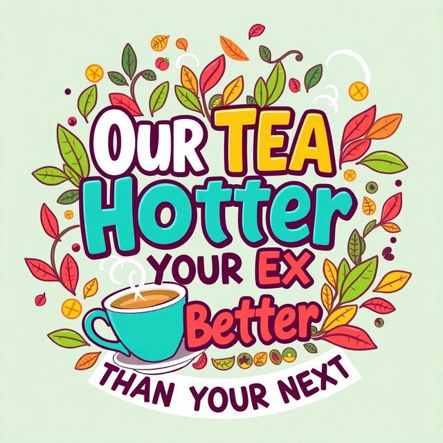 A dynamic and eye-catching graphic design featuring the pun phrase "Our Tea Hotter, Your Ex Better Than Your Next" displayed in bold, vibrant typography