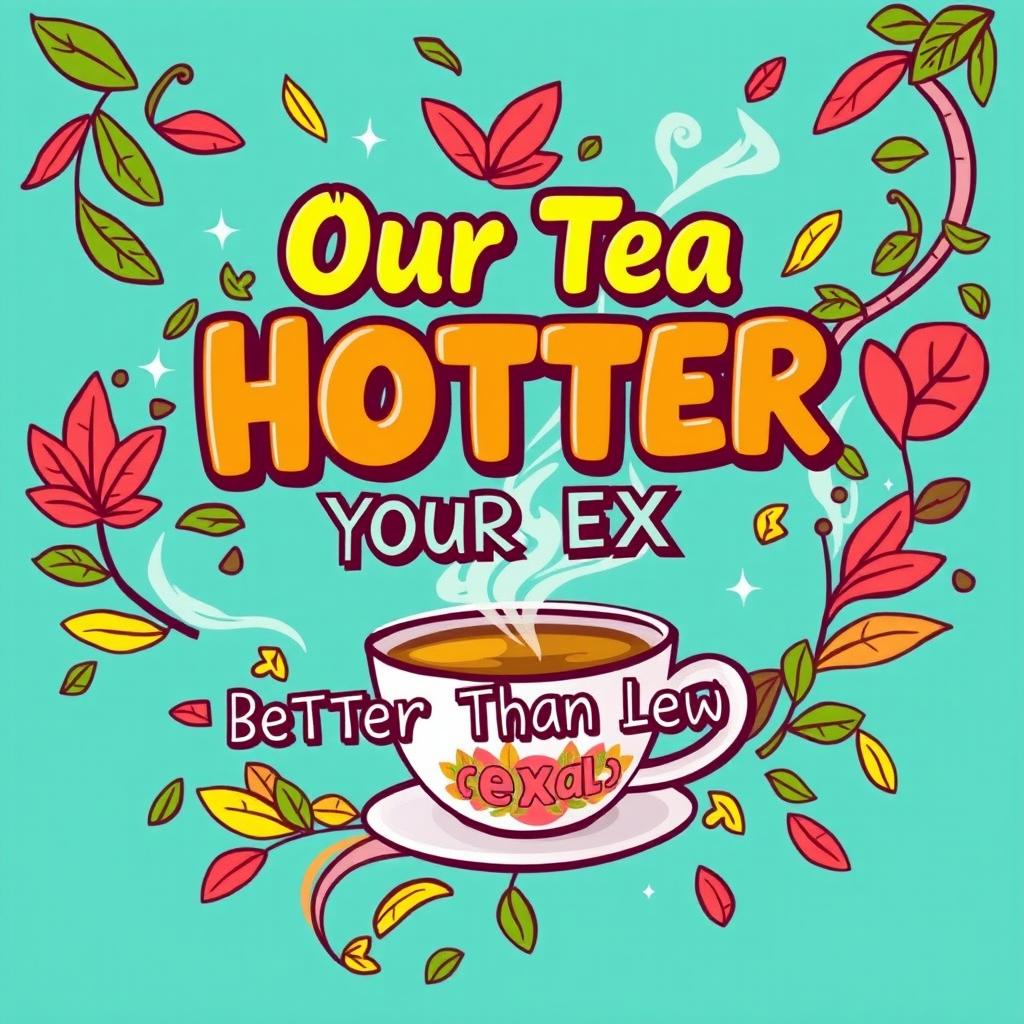 A dynamic and eye-catching graphic design featuring the pun phrase "Our Tea Hotter, Your Ex Better Than Your Next" displayed in bold, vibrant typography