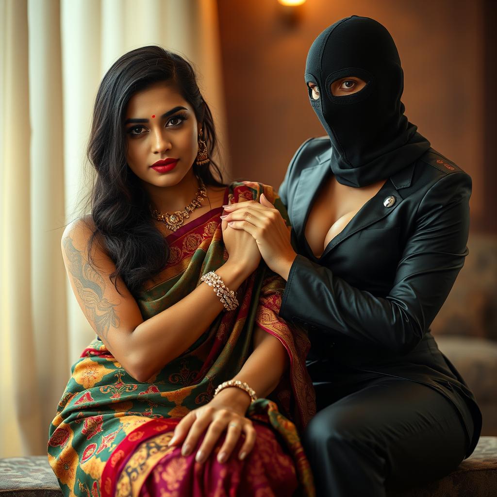 A hot Indian woman in a beautifully draped saree, striking a confident pose with intricate patterns and vibrant colors, her features captivating and elegant