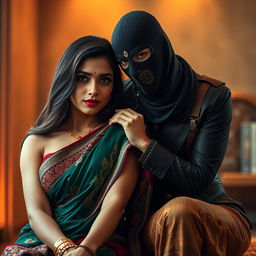 A hot Indian woman in a beautifully draped saree, striking a confident pose with intricate patterns and vibrant colors, her features captivating and elegant
