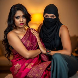 A hot Indian woman in a beautifully draped saree, striking a confident pose with intricate patterns and vibrant colors, her features captivating and elegant
