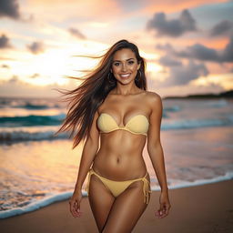 A confident young woman with long flowing hair standing on a beach at sunset, wearing a stylish bikini that accentuates her curves