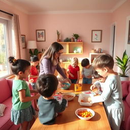 Children helping their parents in a warm and loving home, with bright walls and pink sofas