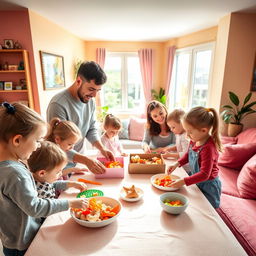 Children helping their parents in a warm and loving home, with bright walls and pink sofas