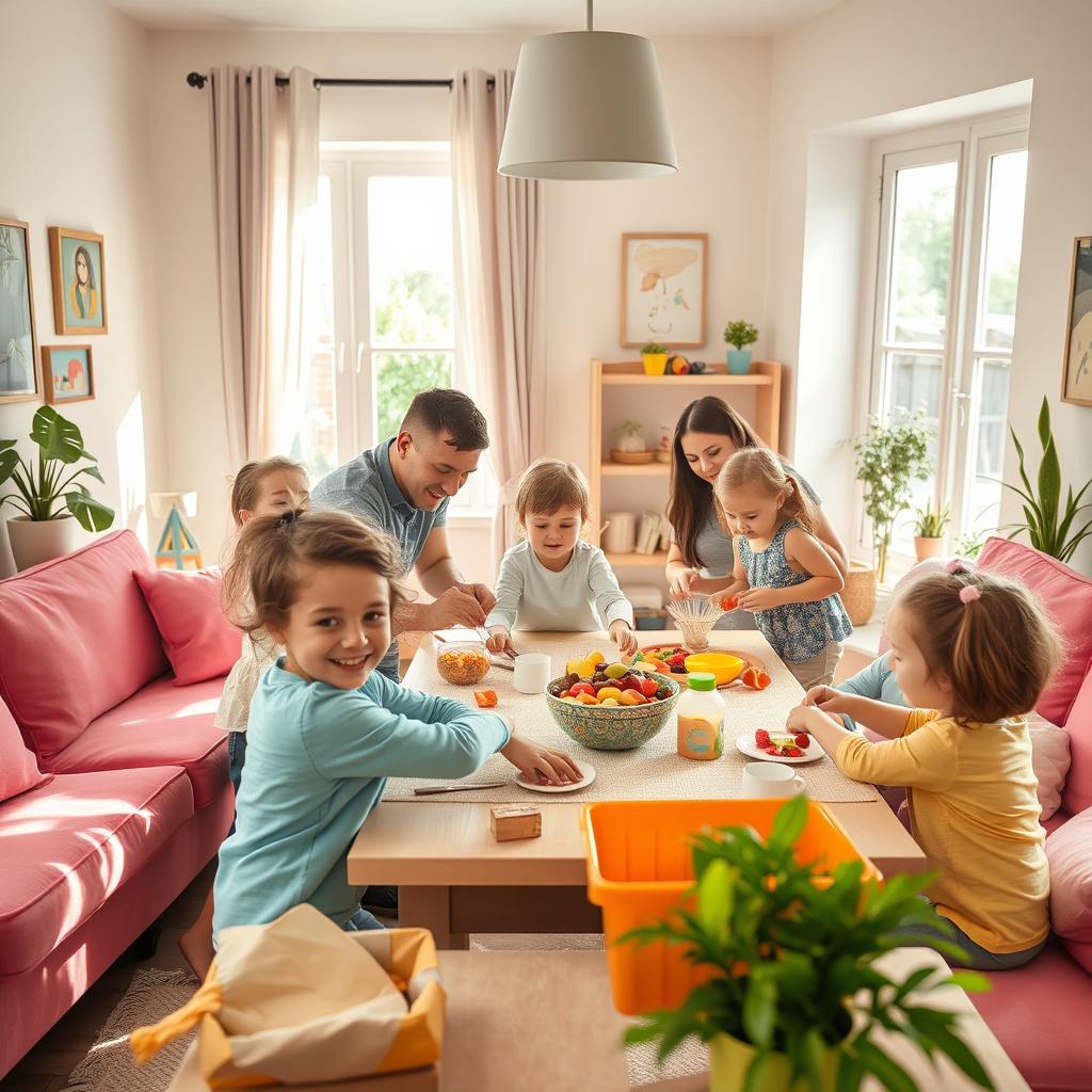 Children helping their parents in a warm and loving home, with bright walls and pink sofas