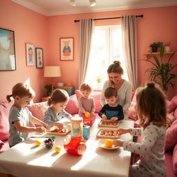 Children helping their parents in a warm and loving home, with bright walls and pink sofas