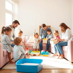 A warm and inviting scene of children helping their parents in a cozy living room