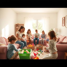 A warm and inviting scene of children helping their parents in a cozy living room