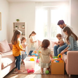 A warm and inviting scene of children helping their parents in a cozy living room