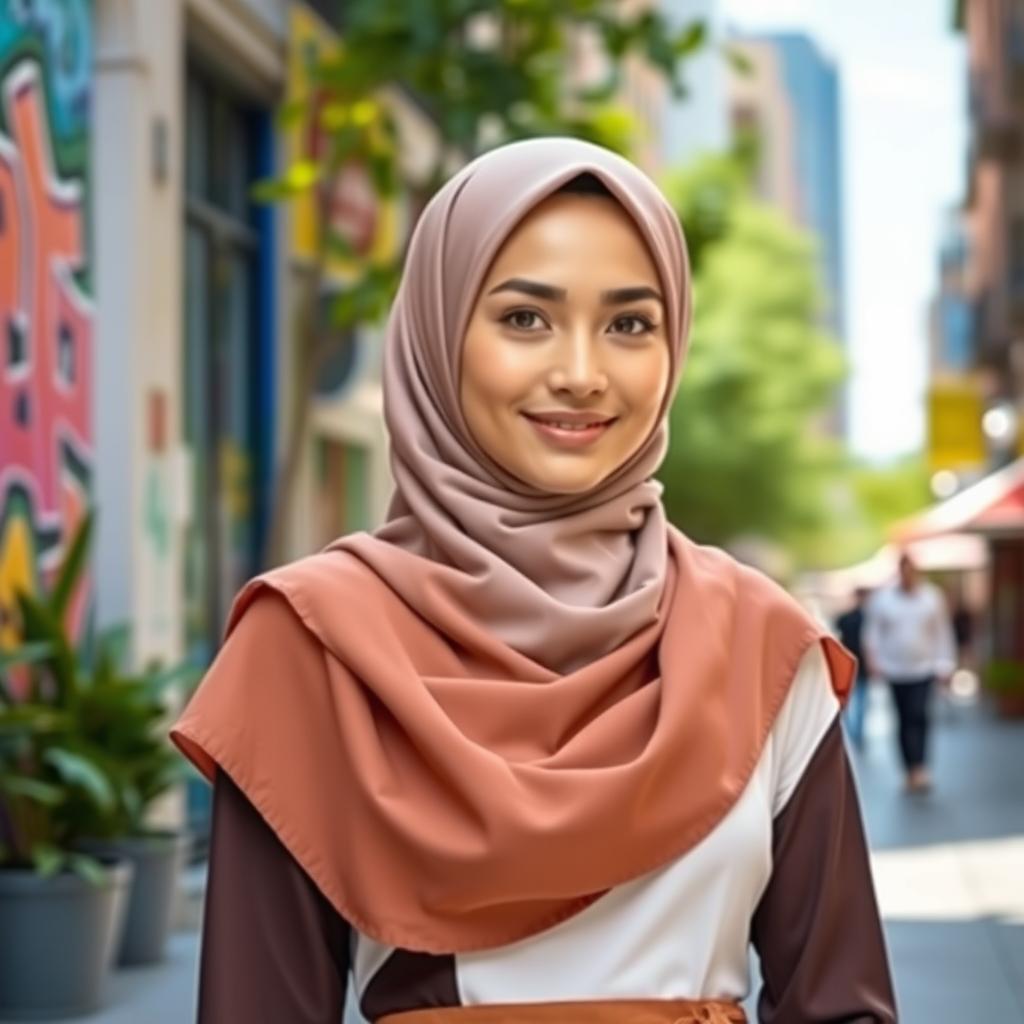A beautiful woman wearing a stylish hijab, standing confidently in a vibrant urban setting