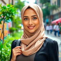 A beautiful woman wearing a stylish hijab, standing confidently in a vibrant urban setting