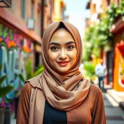 A beautiful woman wearing a stylish hijab, standing confidently in a vibrant urban setting