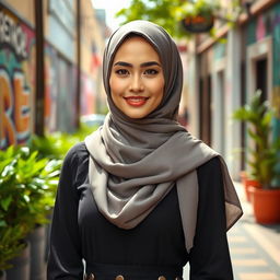 A beautiful woman wearing a stylish hijab, standing confidently in a vibrant urban setting