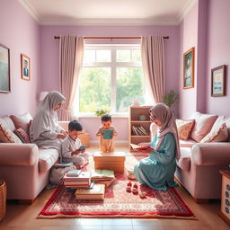 A warm and inviting scene of Muslim children helping their parents in a cozy living room