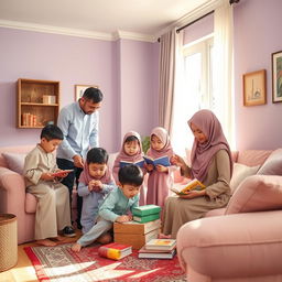 A warm and inviting scene of Muslim children helping their parents in a cozy living room