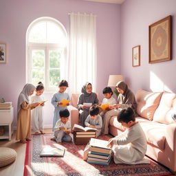 A warm and inviting scene of Muslim children helping their parents in a cozy living room
